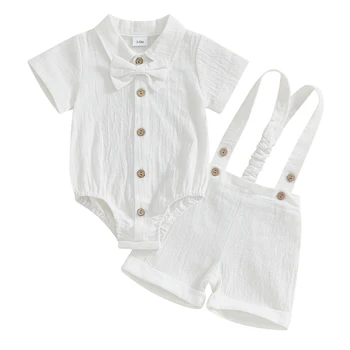 Baby Boy Gentleman Outfit Solid Color Short Sleeve Lapel Neck Romper with Suspender Shorts and Bowtie 3 Pcs Set 1
