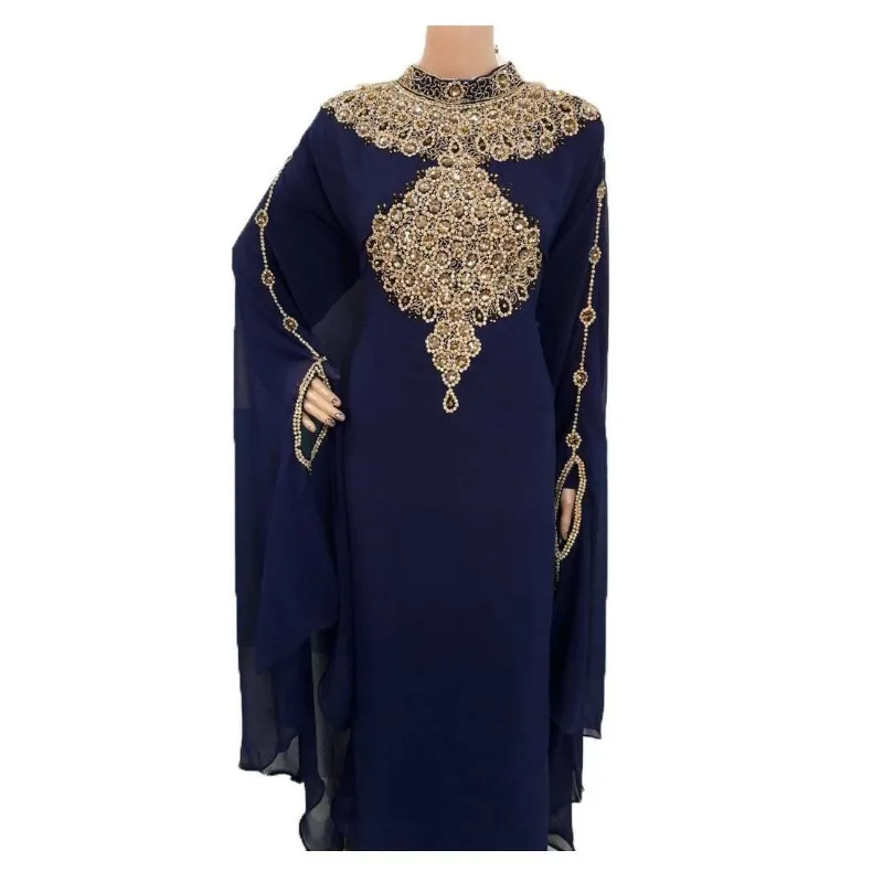 Navy Blue Dubai Morocco Caftani Abaya Dress Adorned with Exquisite Long Garnet china adorned