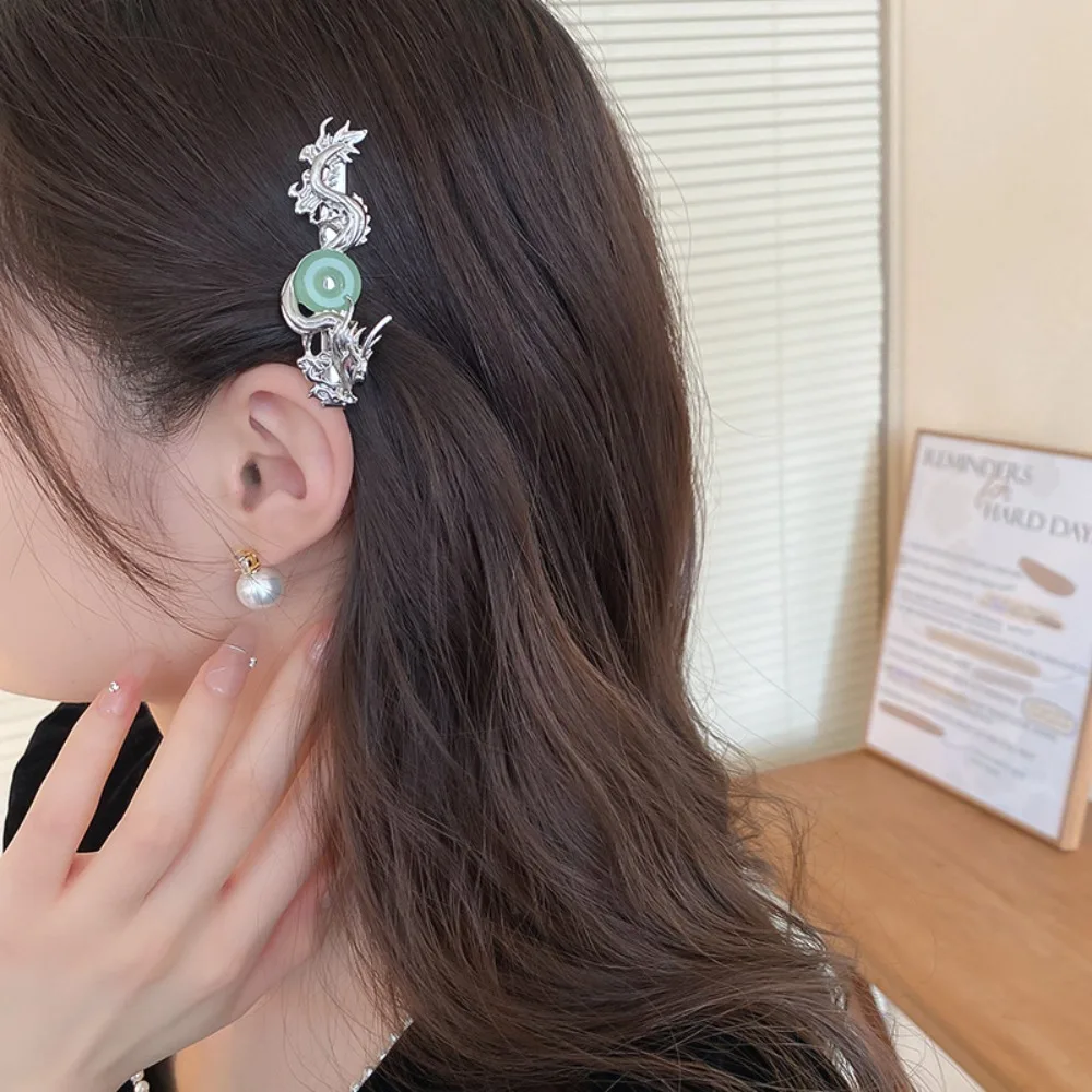 

Minar Unique Design Green Color Resin Bucket Silver Plated Metallic Dragon Barrettes Hair Clips for Women Hair Jewelry