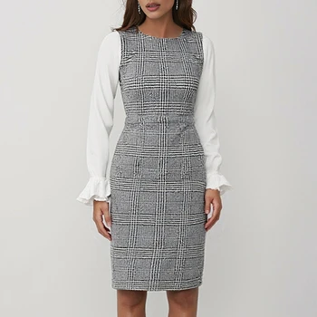 Mia Muse Autumn Dresses 2025 Women's Chic Patchwork Plaid Long Flare Sleeve Round-Neck Nipped Waists Mini Sheath Dress