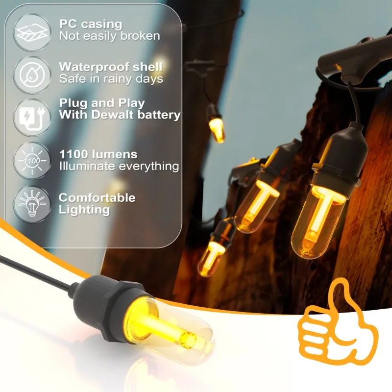 Dewalt 휴대용 무선 LED 야외 스트링 조명, 32FT, 18 V, 20V 배터리용, 비산 방지 LED 전구 10 개, 방수 걸이식