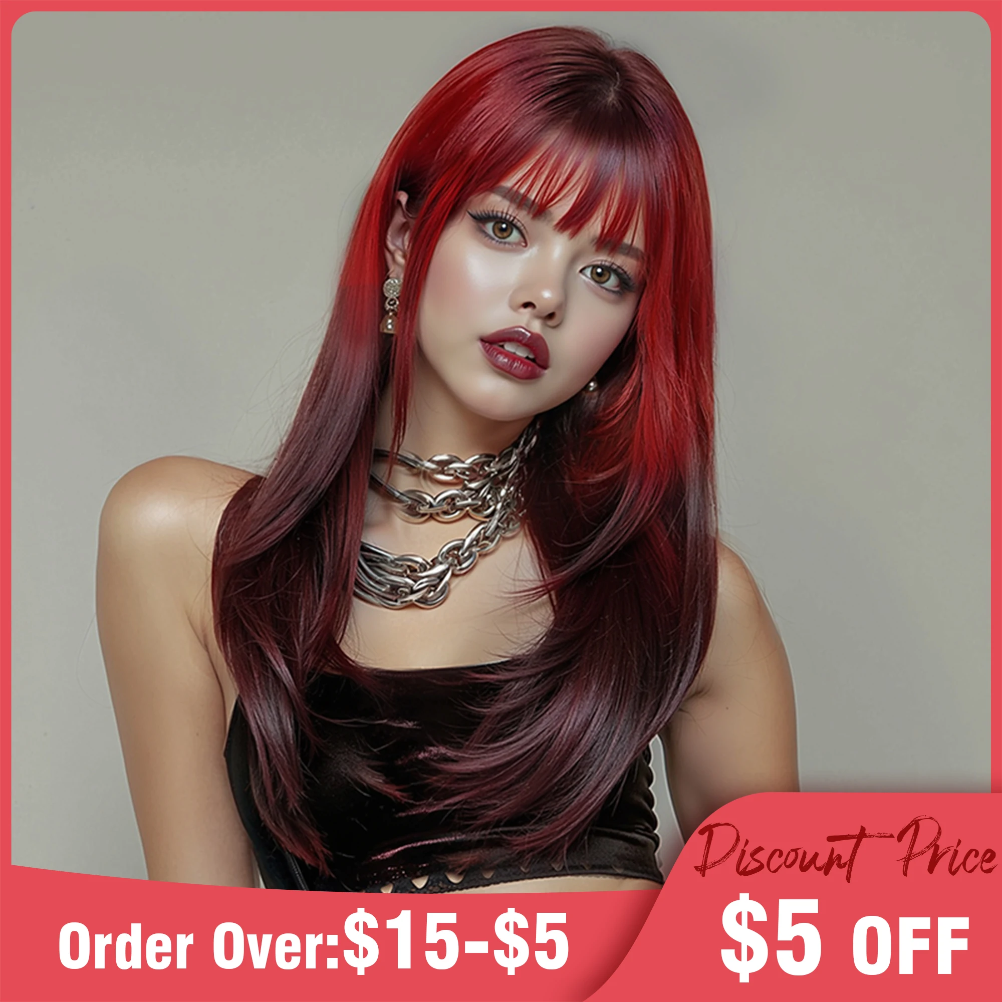 Gothic Ombre Red Synthetic Wigs Long Straight Layered Ombre 