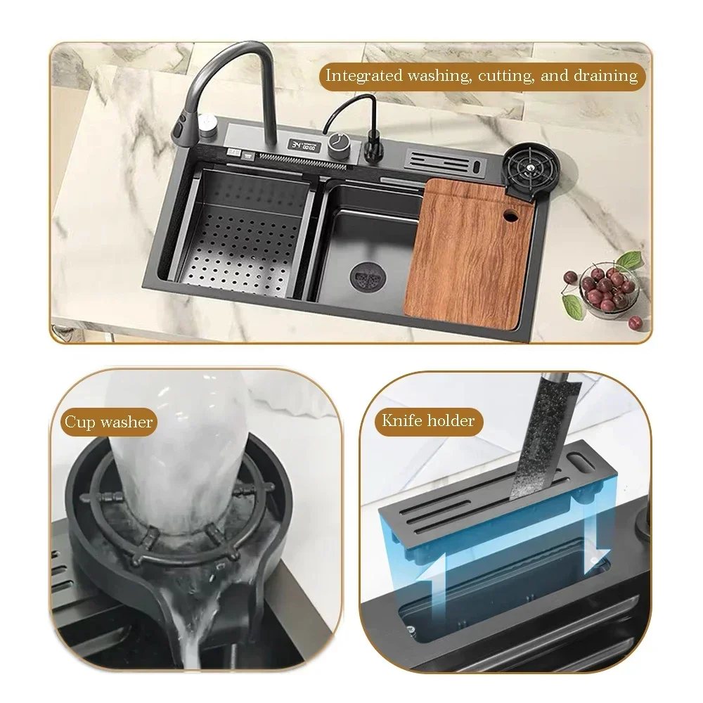 Left Drainage Kitchen Sink Single Bowl Kitchen Sinks Flying Rain Digital Display Waterfall Sink with Pull Down Sprayhead Faucet 4