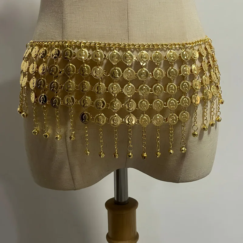 Gold Coin Alloy Waist Chain Belt with Bells - Five-Layer Belly Dance Performance Accessory