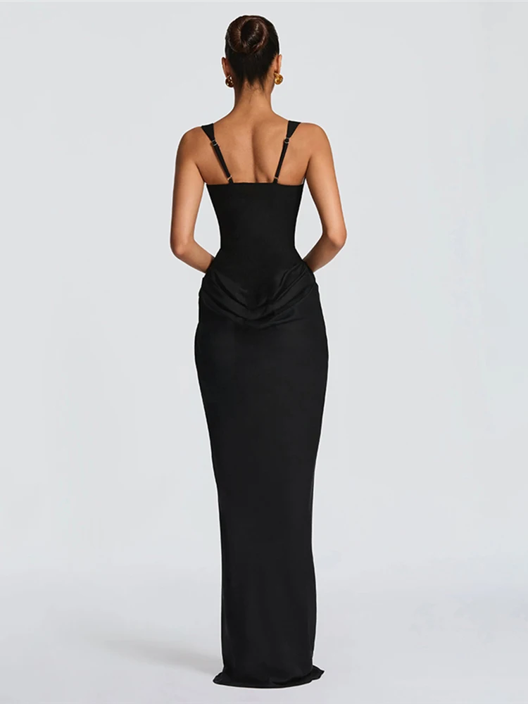 Nibber Fake Fake Dekoration Maxikleid, ärmellos, rückenfrei, tiefer Ausschnitt, Falten, elegantes Bankett, schlicht, klassisch, dünn, schick, Vestidos – Detail 23