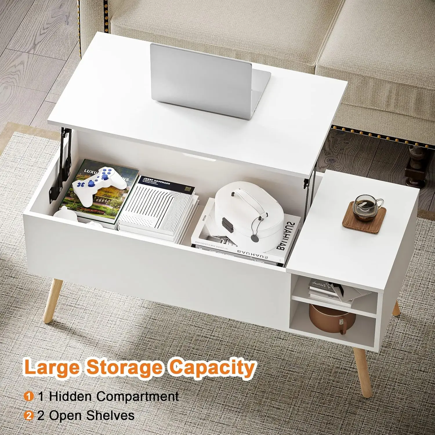 Coffee Table Lift Top - White Coffee Table with Lifting Top and Hide Compartment Storage - Lift Coffee Table Rectangle NEW USA 3
