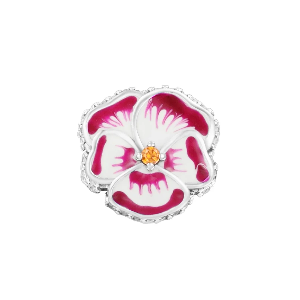 

Accessories Make Up Pink Pansy Flower Charm Crystals 925 Silver Jewelry For Snake Chain Bracelets Friends Beads New Product