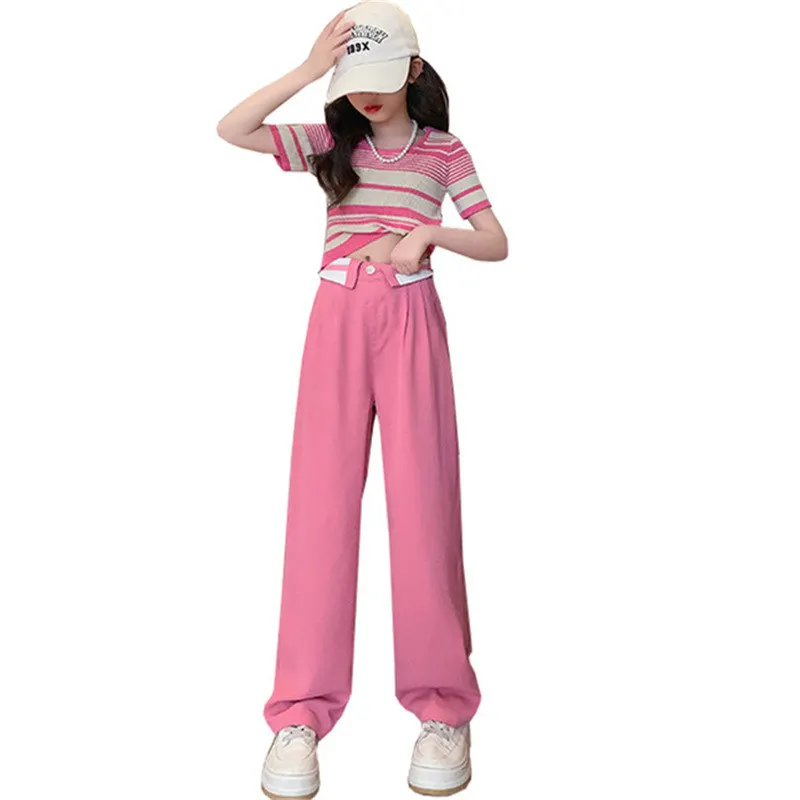 

Summer Girls Leisure Outfits Children Clothing Teenage Tracksuit Korean Two-Pieces Knit Ice Silk Top + Suit Wide Leg Pants Suits