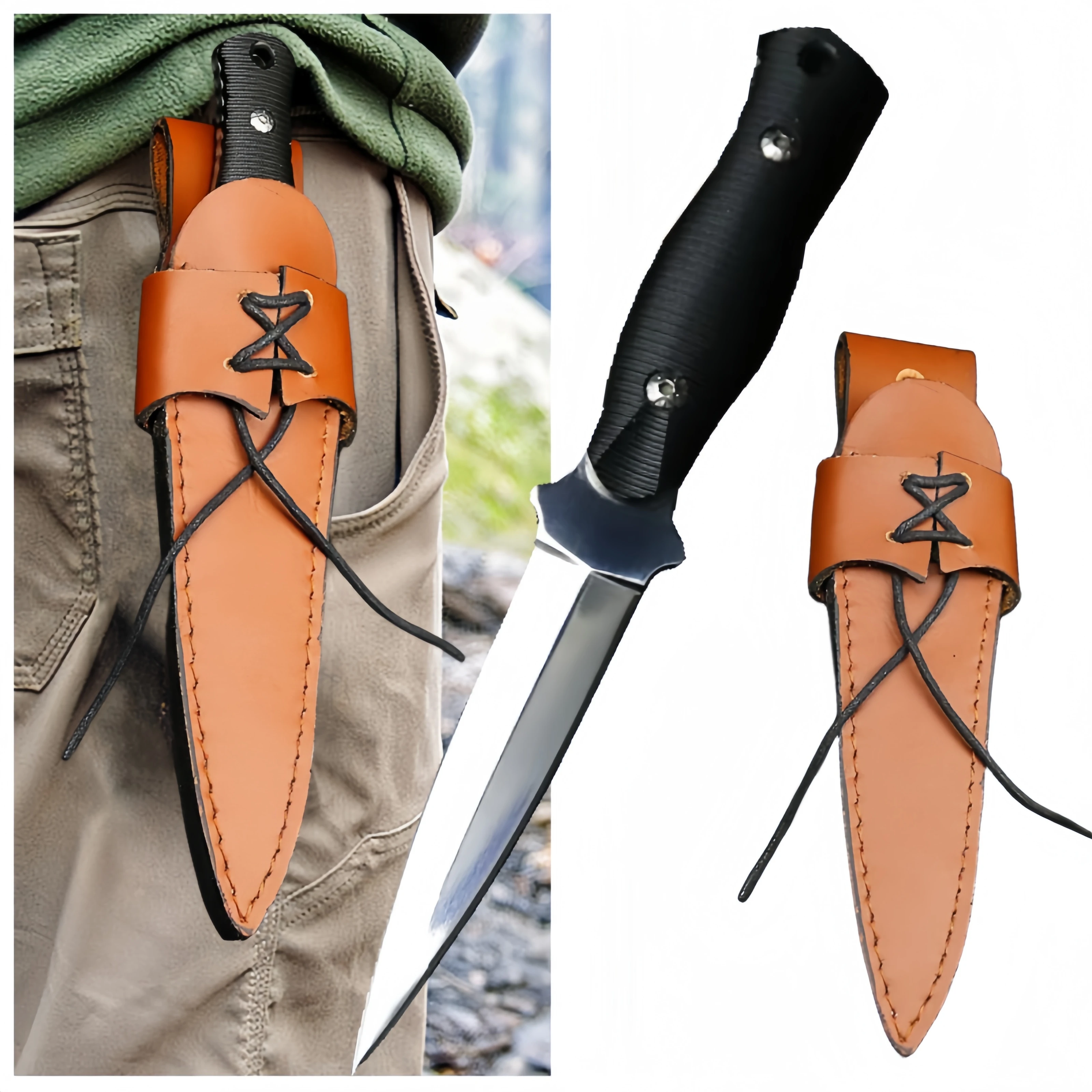 Japanese mirror light portable tactical knife outdoor hunting straight knife survival tool outdoor fishing + leather cover