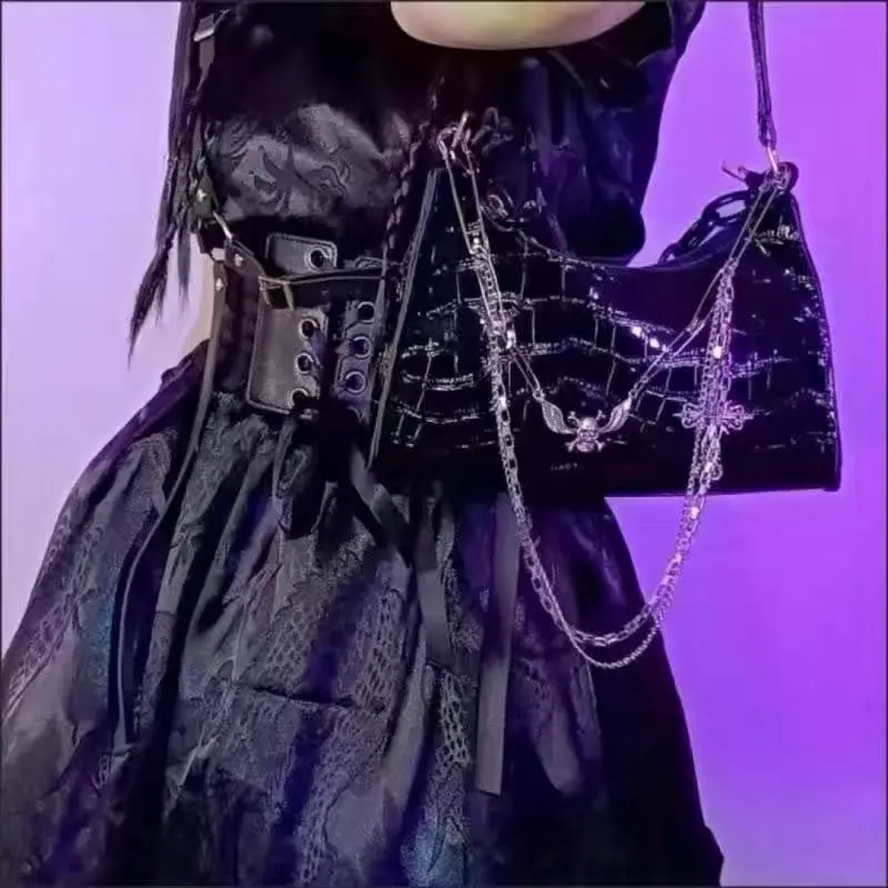 JIAERDI Subcultural Cross Y2k Bags Women Gothic Crocodile Pattern Black Crossbody Bag Ladies Dark Punk Handbag Underarm Bag Chic