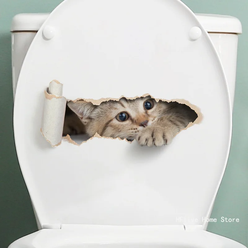 Cartoon Hole Cat Toilet Sticker Bathroom and Bathroom Beautification Decoration Toilet Lid Waterproof 3D Self-Adhesive Sticker