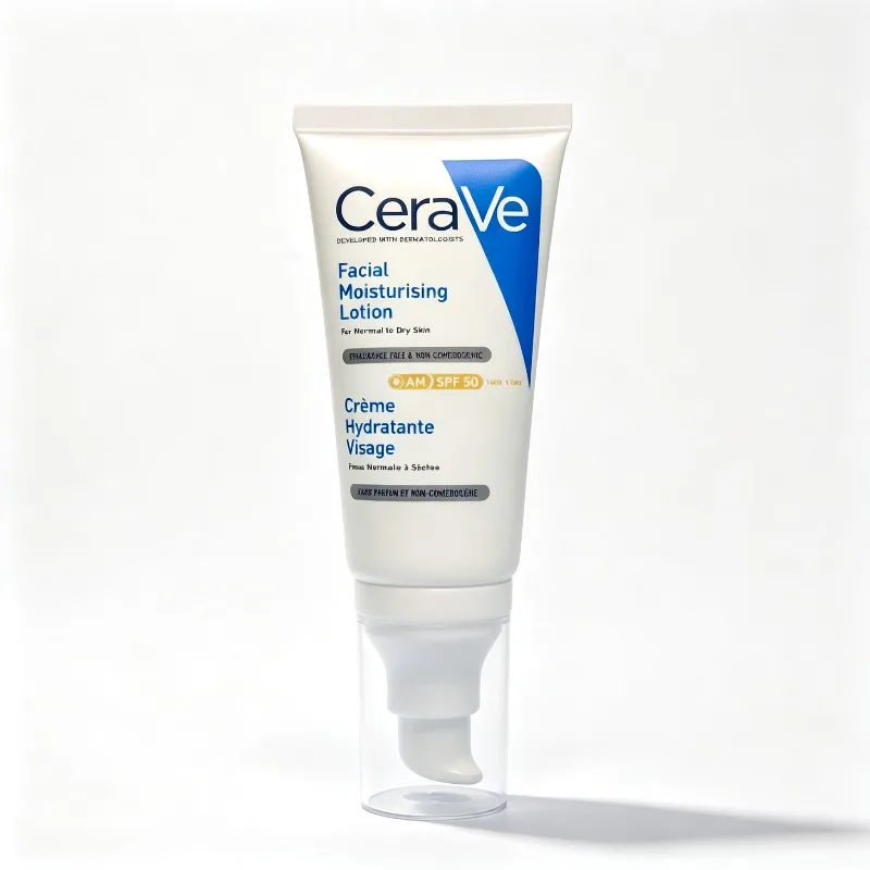 لوشن CeraVe AM بعامل حماية من الشمس SPF50 سعة 52 مل، عناية مرطبة طويلة الأمد للبشرة العادية والجافة