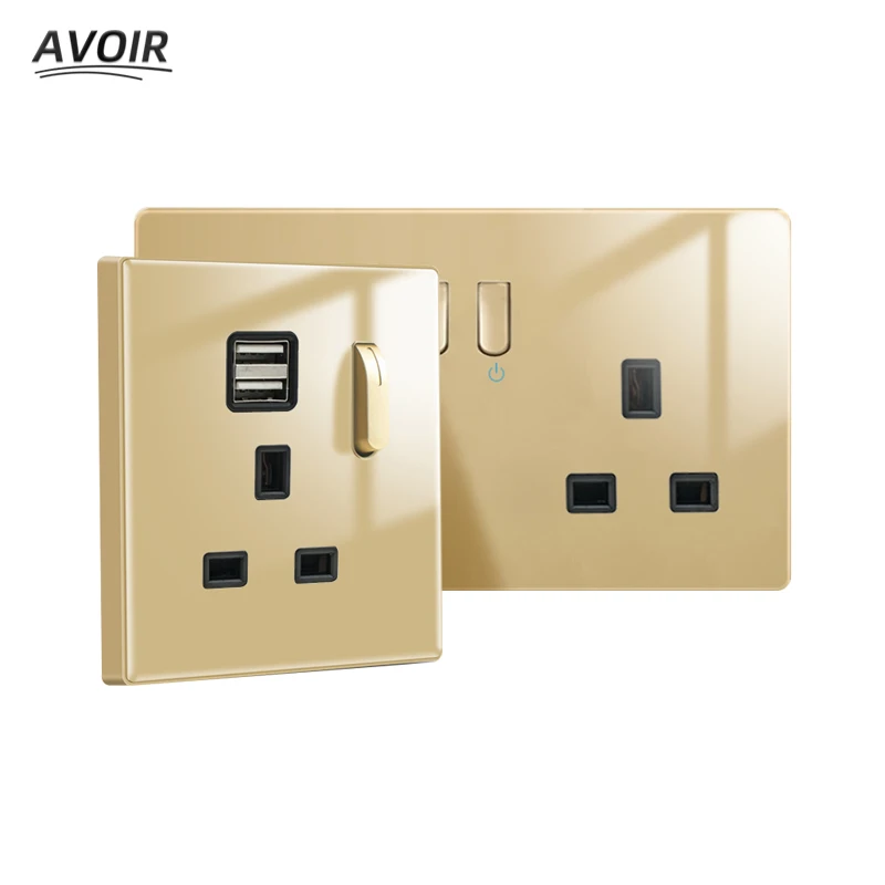 

Avoir 13A Power Socket Dual USB Charger With Piano Key Reset Switch LED Indicator UK Universal Plug Outlet 250V Gold Glass Panel