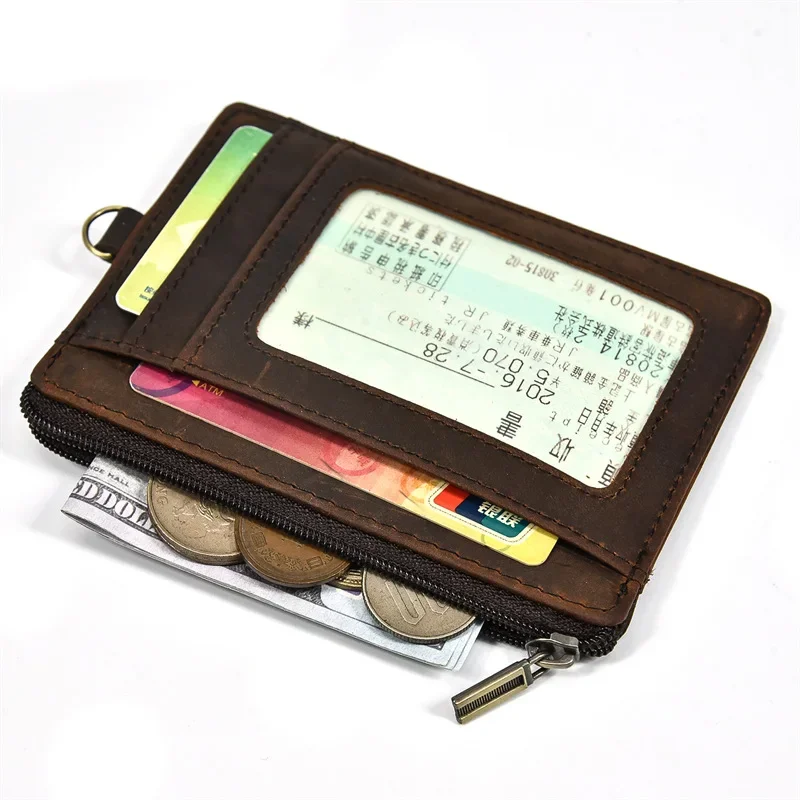 Genuine Leather Card Holder with Vintage Crazy Horse Leather, Multiple Card Slots,Chain and Anti-theft Function