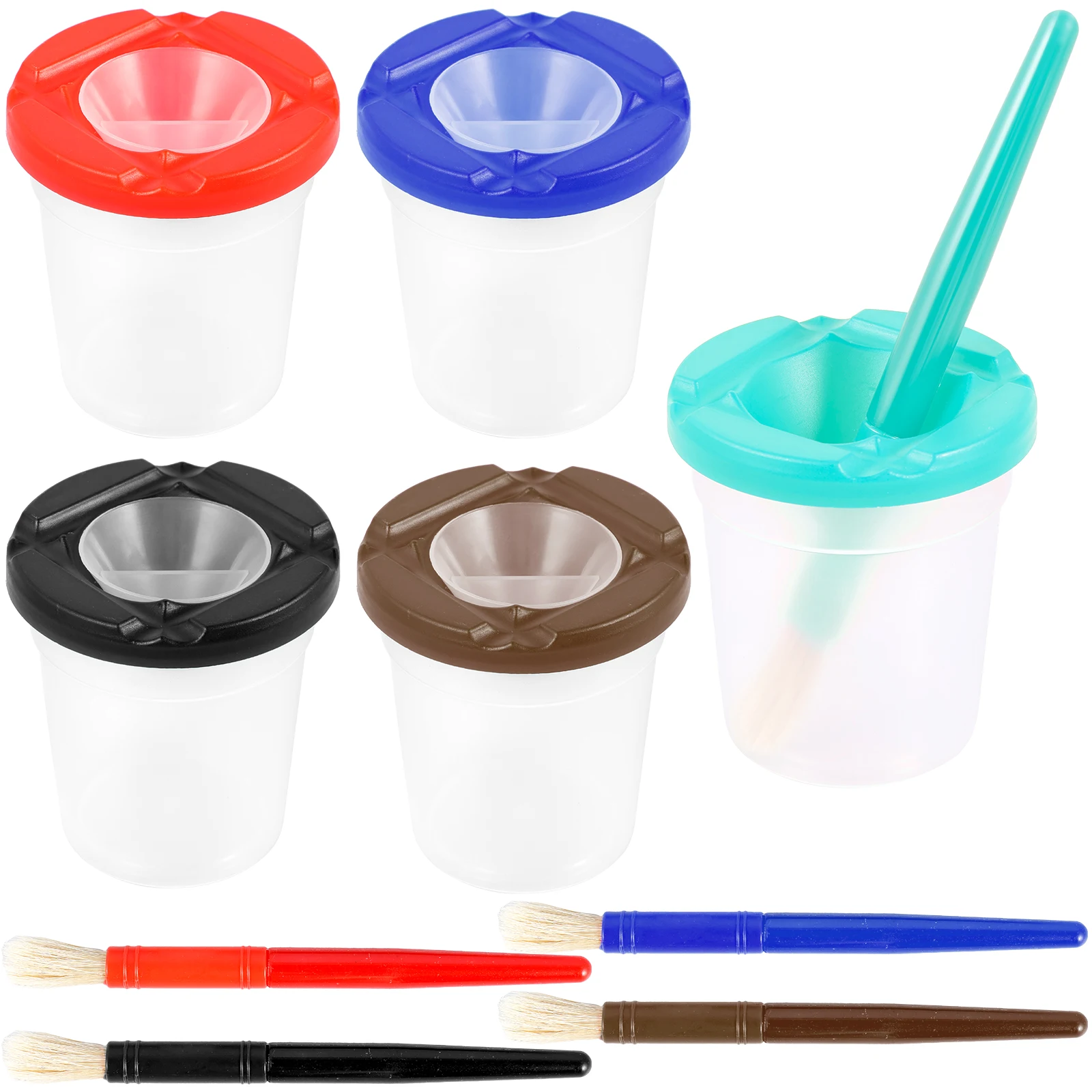 5/10Pcs No Spill Plastic Paint Cups with Colored Lids Large Round Brush Set Reusable Paint Brush Water Cup for Kids
