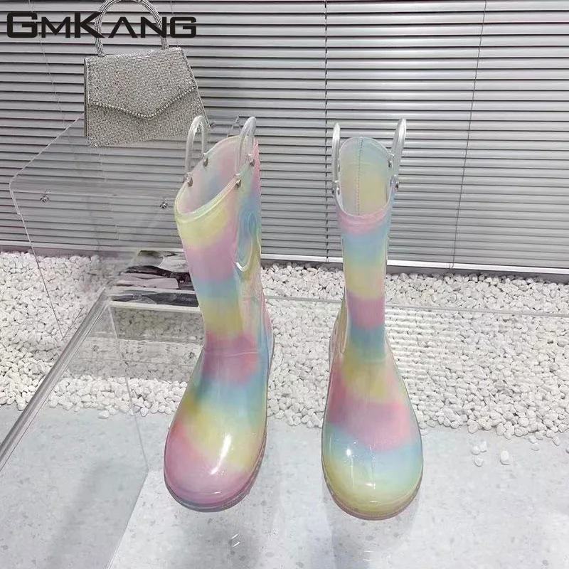 Thick Sole Rain Boots Woman Round Toe Slip-on Rubber Waterproof Rainboots Ladies Long Boots Flat Platform  Rain Shoes For Women