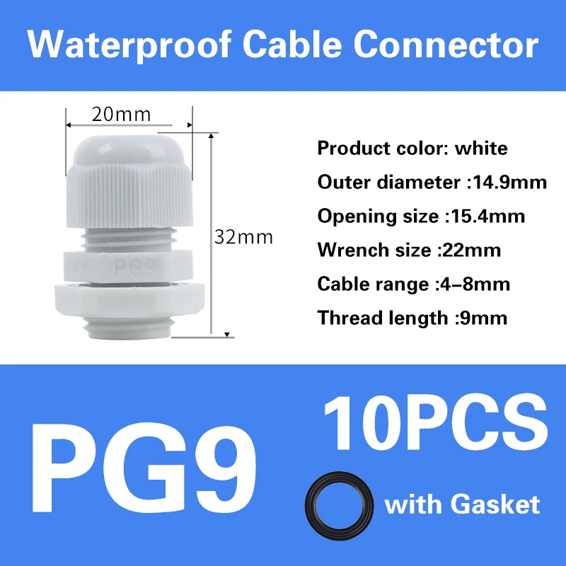 Waterproof IP68 Nylon Cable Gland Connector - White/Black