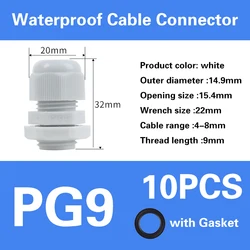 Waterproof IP68 Nylon Cable Gland Connector - White/Black (PG9 - white)