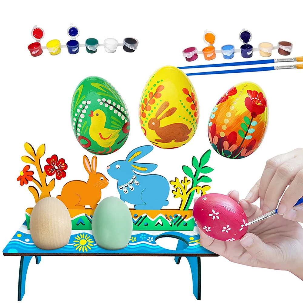 5pcs Wooden Easter Eggs+12 Colors +2 Paintbrushes DIY Graffiti Egg Set For Children's Painting Toy Home Decoration