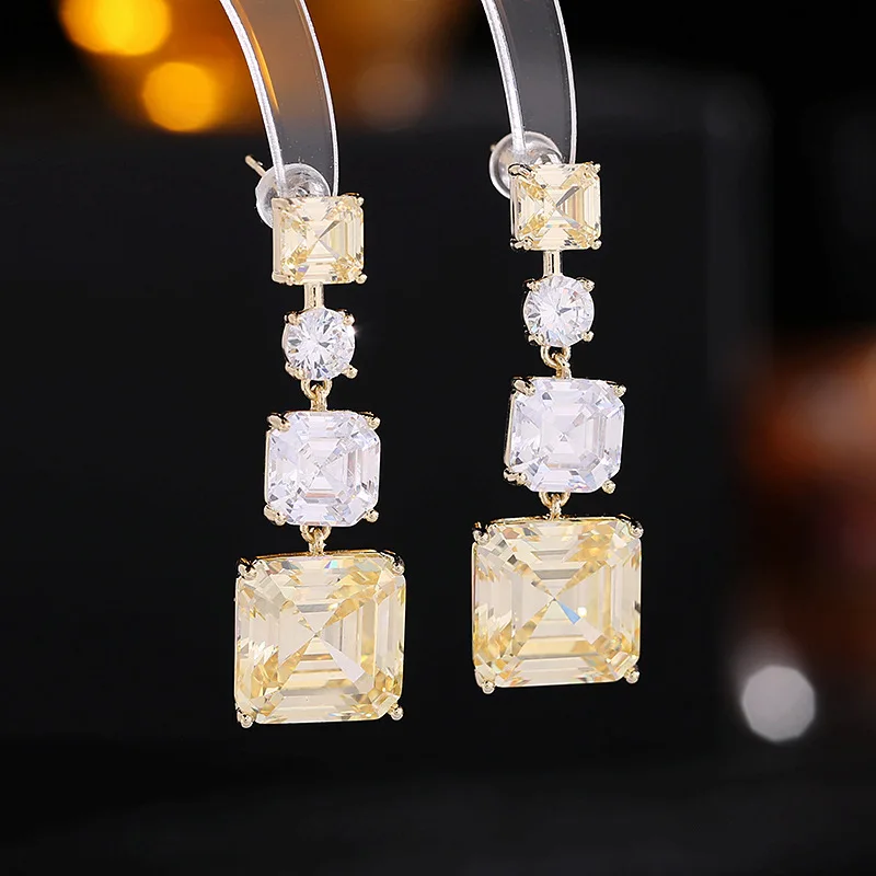 Shining Cubic Zirconia Geometric Square Dangle Earings 925 Silver Needle Romantic Wedding Party Jewelry Gold Plated Eardrop