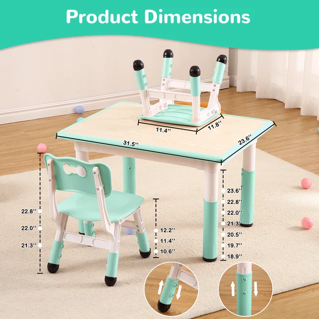 19698-5be796.jpg Kids Table and Chairs Set, Height Adjustable Desk With 4 Seats Max 300lbs, Children Multi-Activity Table for Classrooms,Daycares