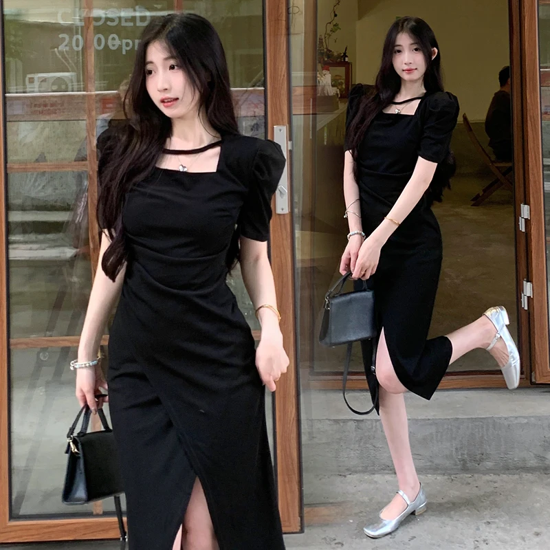 

Large Hepburn style short sleeved dress for women's summer design, with a slit small black dress that looks slim and long