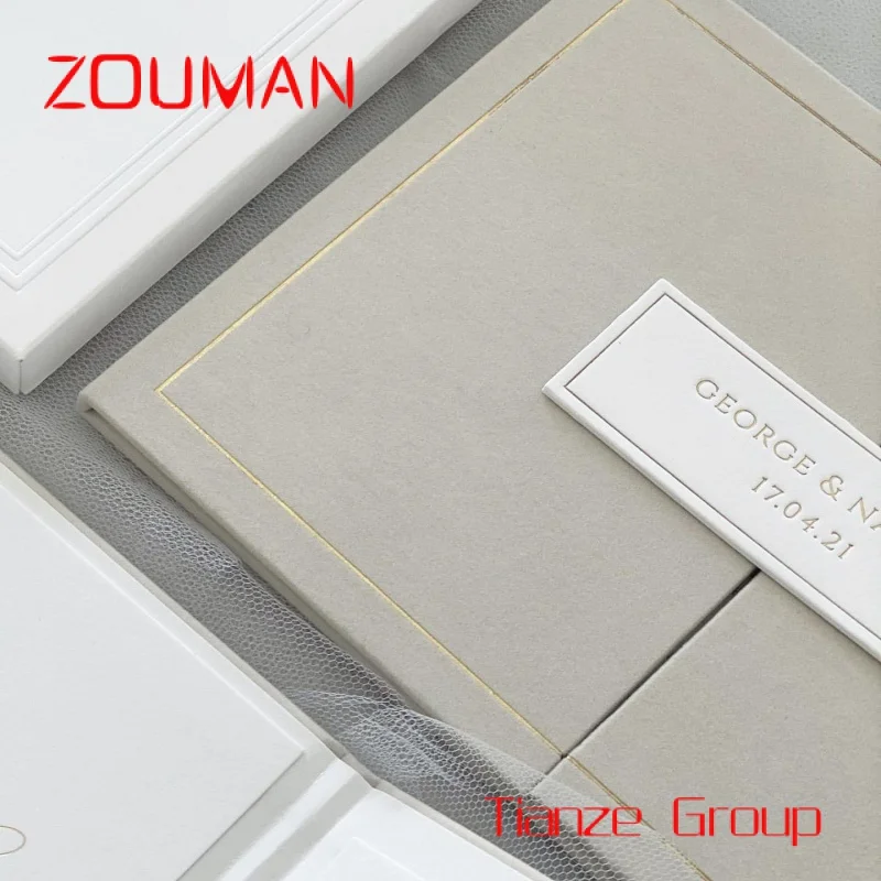 Custom , Unique Gray Velvet Gate Fold Hardcover Invitations Gold foiling Wedding Invitation with Gold Mirror Acrylic custom luxury square gift box fold flower packaging paper bag boxes rose bouquets flowers boxes with chain