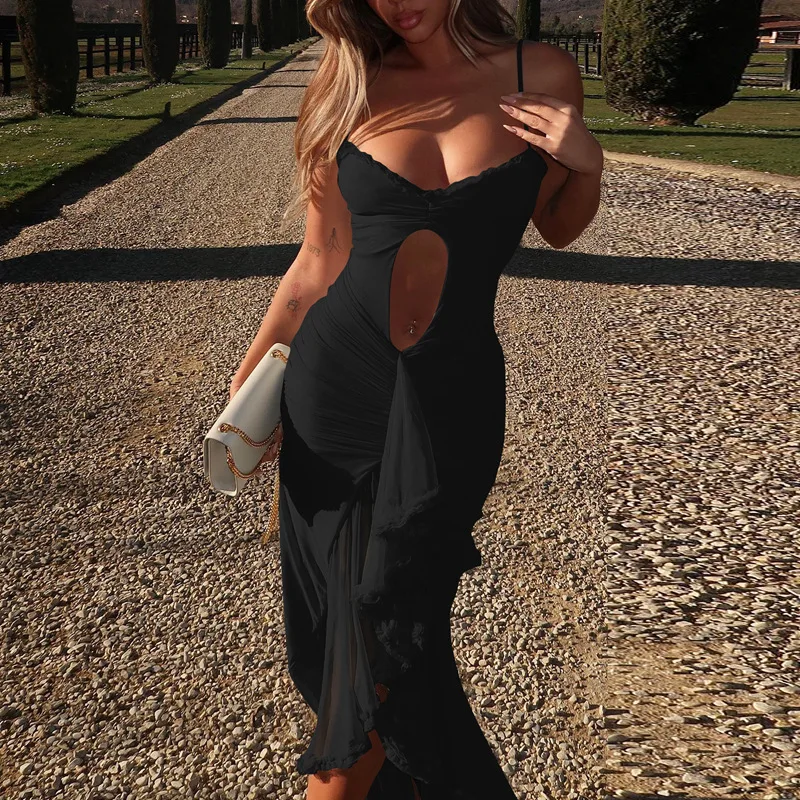 Sexy Hollow Suspender Maxi Dress For Women Mesh Lace Patchwork Irregular Solid Sleeveless Slim Spaghetti Strap Dress Woman