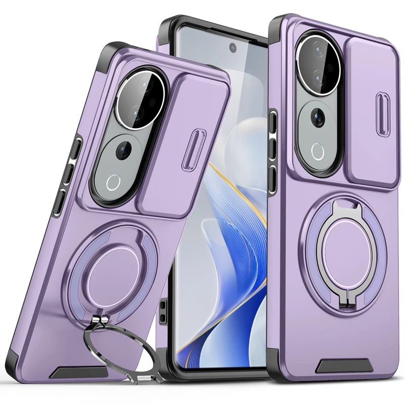 ELVEV Magnetic Shockproof Phone Case with Rotating Ring Bracket - Hard PC + Soft TPU