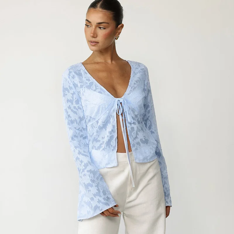 Lace Printed See-Through T-shirt Cardigan Top Female Lace-Up Patchwork Sexy Cropped Y2k Top Tee Women's Bandage Top