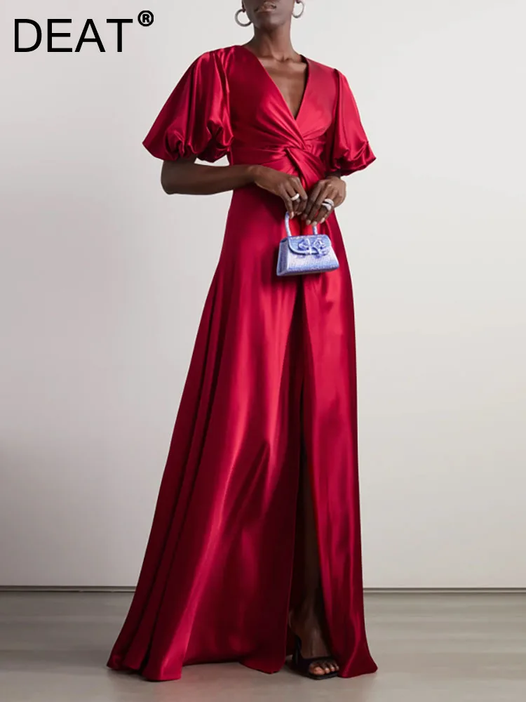 

DEAT Women's Fashion Evening Dress Lantern Sleeve V-neck Satin Cross High Waist Elegant Party Dresses Summer 2023 New 13DB3633