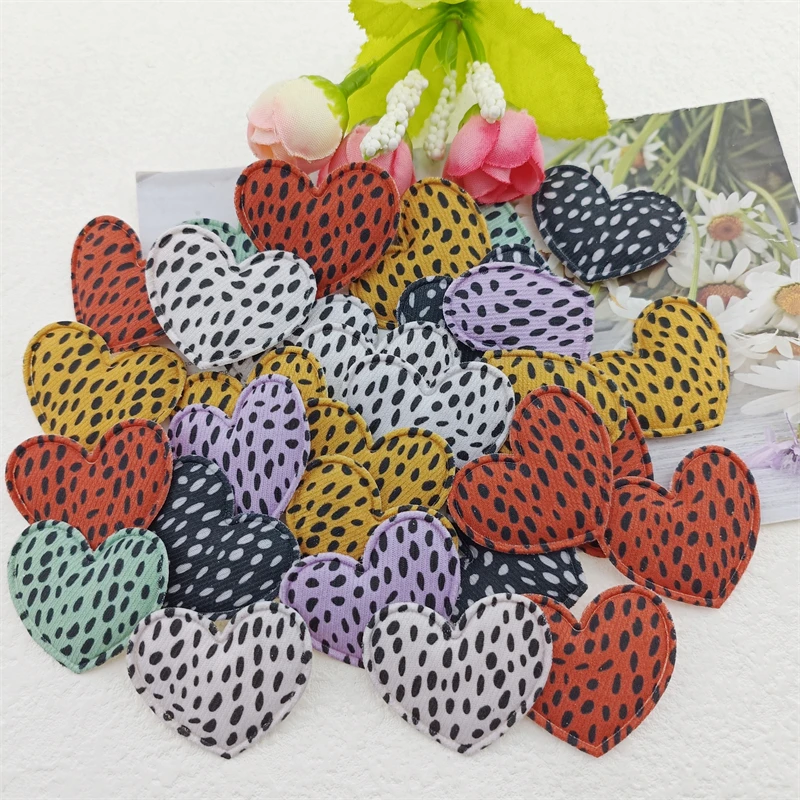 

600Pcs 3.5*3CM Leopard Fabric Heart Appliques Padded Patches for DIY Baby Girl's Hair Clip Band Headdress Bow Decoration