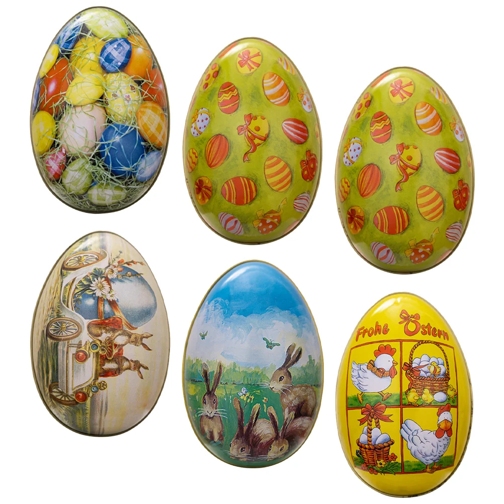 

6 Pcs Easter Tinplate Eggs Treat Boxes Party Favors Portable Cookies Case Candy Biscuit Cartoon Holder Storage Rabbit