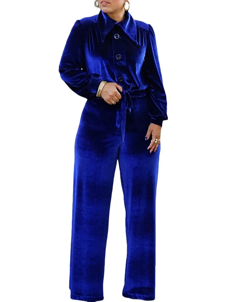 

Velvet African Clothes Two Piece Set Women Outfits Long Sleeve Button Shirt And Straight Pants Matching Sets Casual Tracksuit