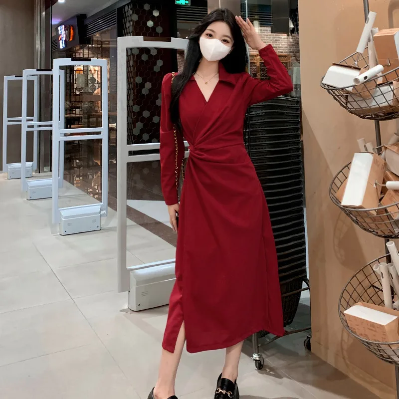 

M-4XL Women's French Dress Autumn And Winter New High Waist Split Vintage A-Line Dress Korean Version Black Long Sleeve Clothes