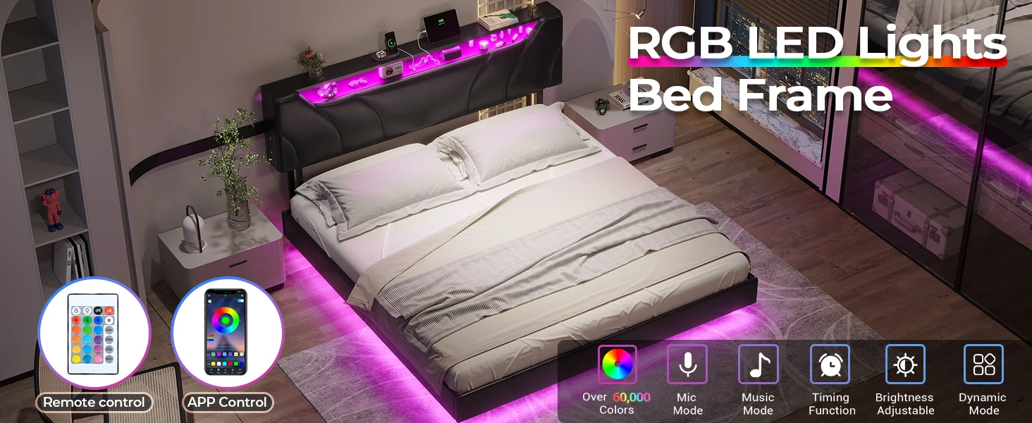 Description Picture 4 of itemQueen Floating Bed Frame with Storage Headboard and LED Lights Queen Size Visual Floating LED Bed Frame with Type-C & USB Port