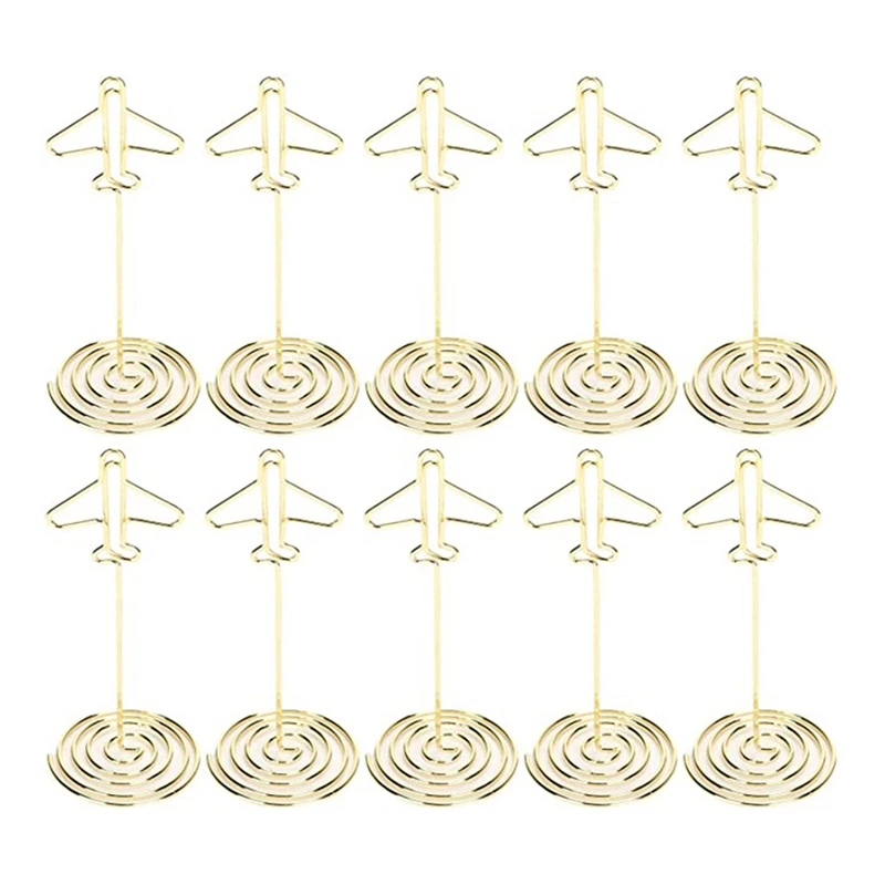 10Pcs Memo Clip Houder, tafel Nummer Naam Kaarthouder Desktop Metalen Visitekaartje Foto Gold Vliegtuig Frame Met Base