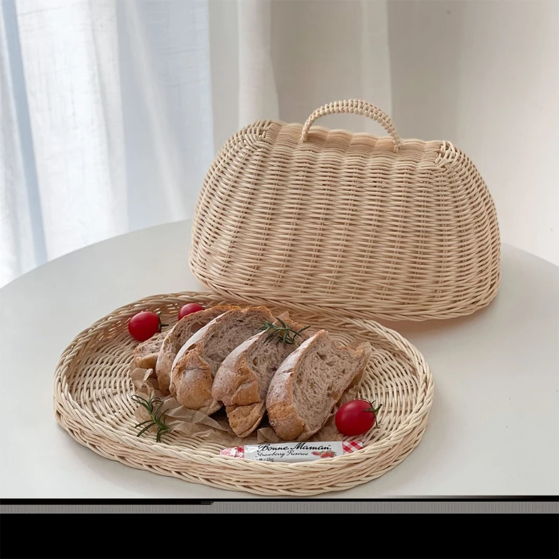 

Handwoven Rattan Bread Basket Fruit Vegetables Serving Baskets with Dust Proof Cover Pantry for Kitchen