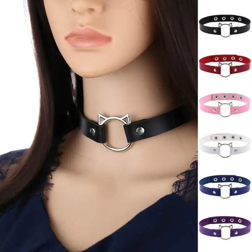 1 Pcs Women Black Synthetic Leather Sexy Collar With Cat Spike Choker Buckle Goth Alternative Thin Gothic Necklace Studded Punk
