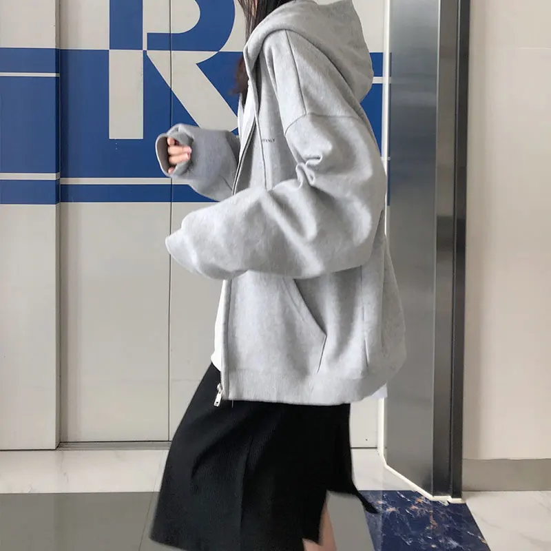 Harajuku Letter Printed Hoodies Simple Draw String Casual Sweatshirts Women Cotton Zip-Up Style Hooded Sweatshirts Spring Summer