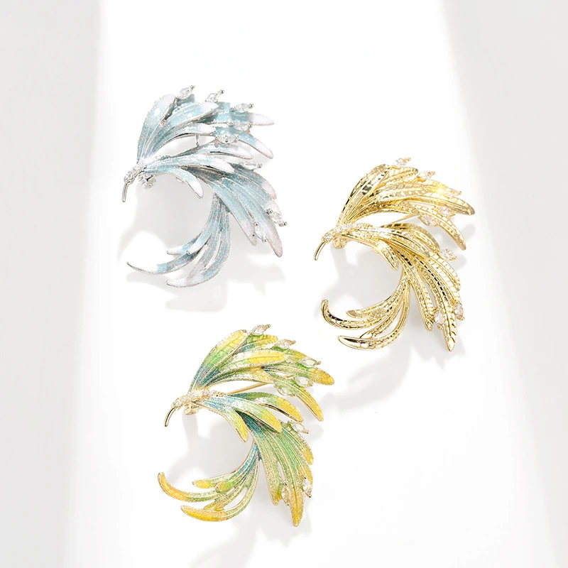 

Vintage Luxury Enamel Phoenix Brooches For Women Elegant Zircon Corsage Accessories Feather Pin Popular Jewelry Holiday Gifts