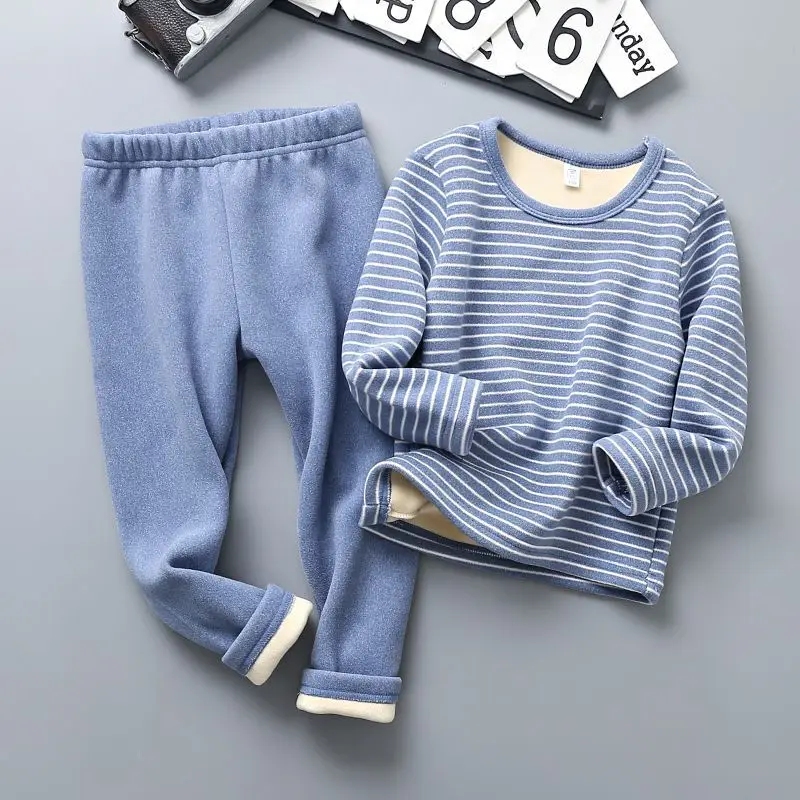 

Children Thermal Underwear Plus Velvet Thicken Suit Child Clothing Casual Striped Boys Girls Pajamas Winter Bottoming 2-piece