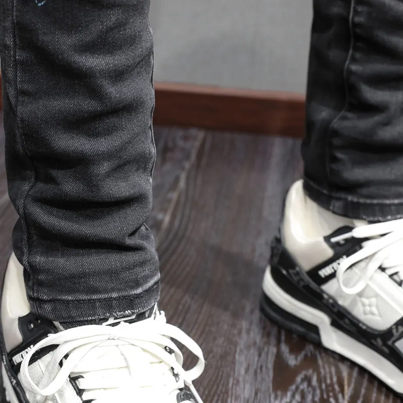 High Street Fashion Men Jeans Retro Black Gray Stretch Skinny Fit Painted Ripped Jeans Men Beading Designer Hip Hop Brand Pants