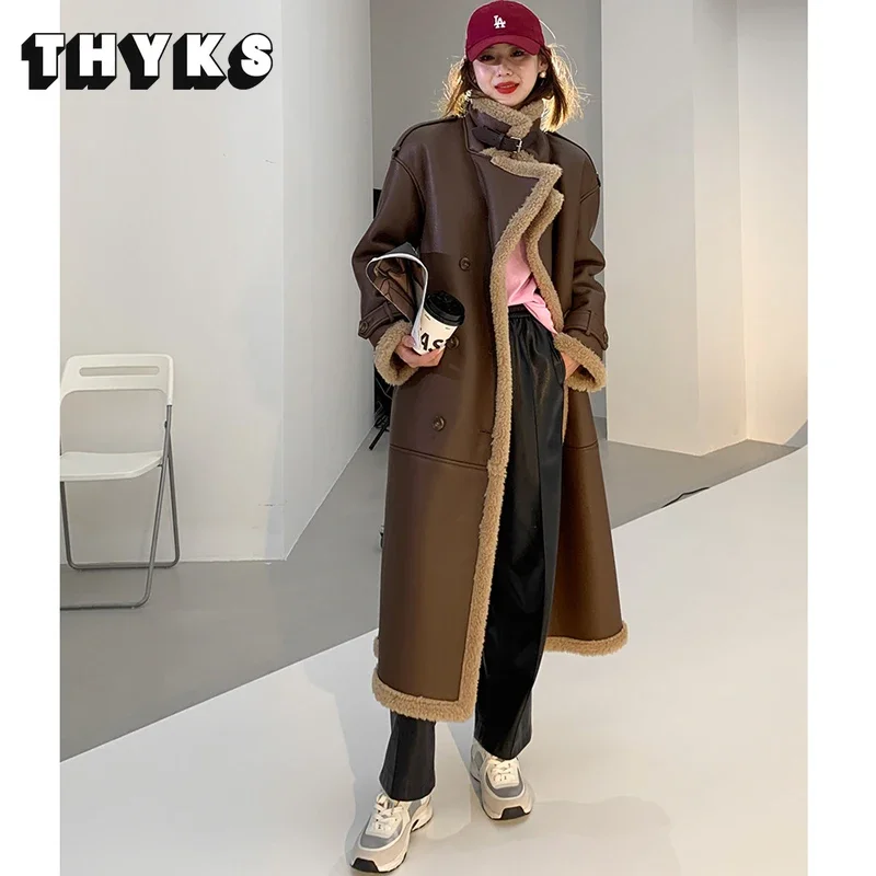 

New Vintage Fur Leather Coat 2023 Autumn/Winter Fashion Wool Coat High Street Double Breasted Loose Light Luxury Long Jacket