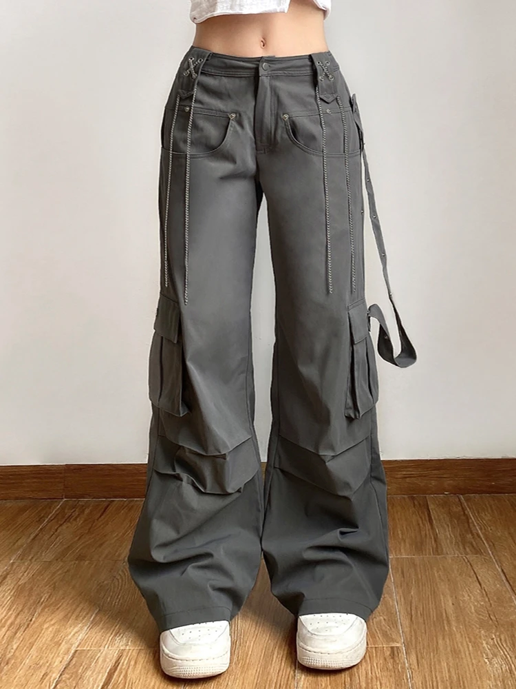 WeiYao Grunge Grey Cargo Pants Women Fashion Low Rise Chain Ribbon Punk  Style Trousers Harajuku Streetwear Vintage Casual Pants