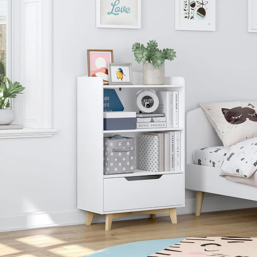 kids Bookshelf Wood Kids Toy Storage Organizer Children's Bookcases with Storage and Drawer for Playroom Bedroom Nursery School