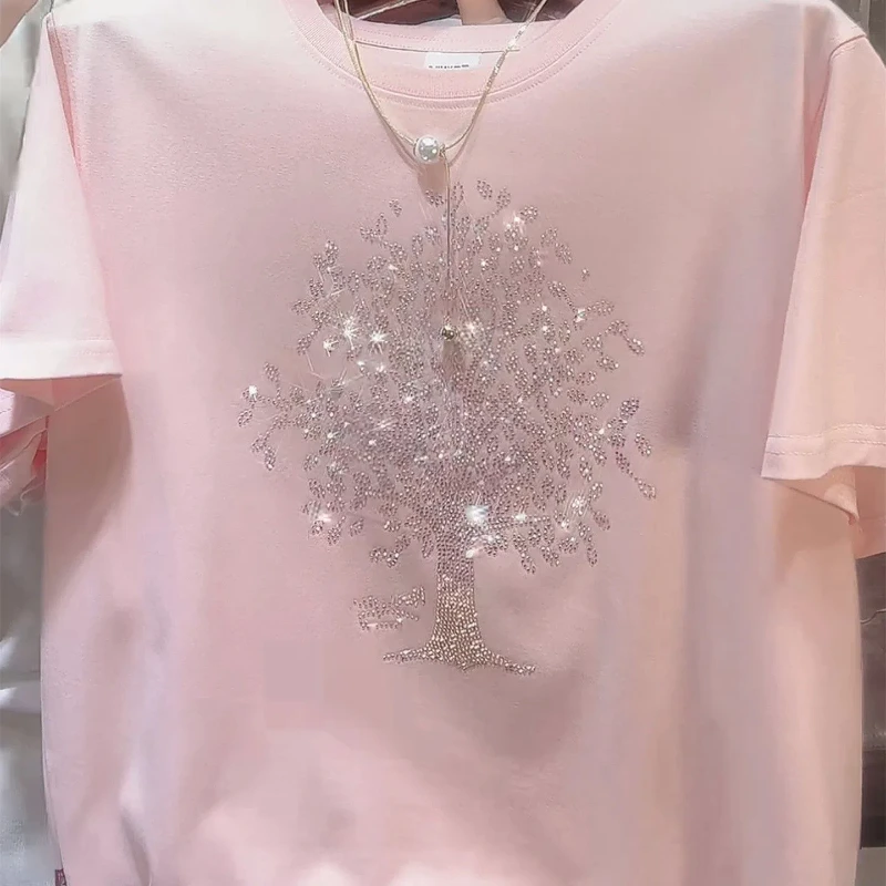 2024 Women's Summer New Fashion Commute Cotton Round Neck Diamonds Printed Solid Color Loose Short Sleeve Casual T-shirts Tops 2