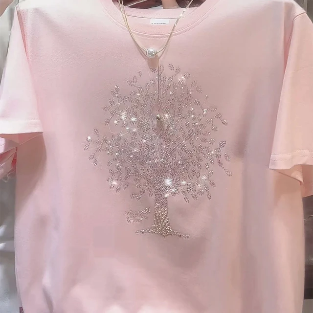 2024 Women's Summer New Fashion Commute Cotton Round Neck Diamonds Printed Solid Color Loose Short Sleeve Casual T-shirts Tops 2