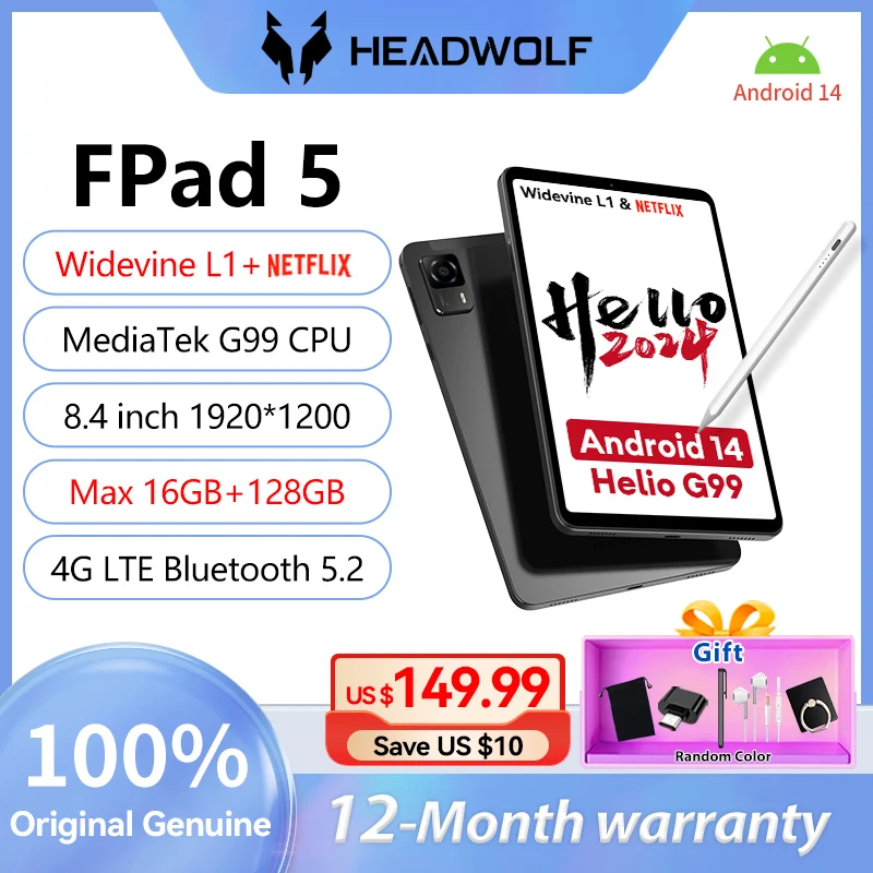 Headwolf-タブレットfpad5 8.4インチ、Android 14、netsliaml1、helio 