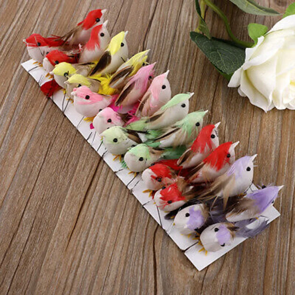 Feather Bird Figurines Colorful Mini Artificial Foam 24pcs